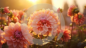 Sunset Glow Capture Dahlia flowers during the golden hour of sunset. Emphasize the warm, soft light illuminating the petals,