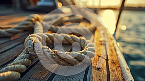 Sunset Glow on Nautical Rope on Wooden Dock