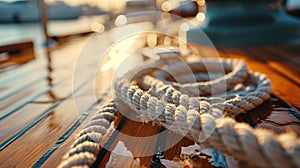 Sunset Glow on Nautical Rope on Wooden Dock