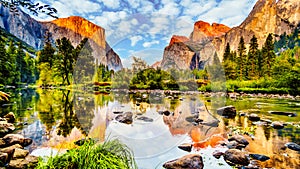 Sunset glow over El Capitan on the left and Cathedral Rocks, Sentinel Rock and Bridalveil Fall in Yosemite National Park