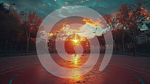 Sunset Glow Over Outdoor Basketball Court in Autumn