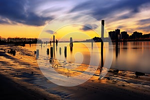 Sunset glow over the river and beach, with smooth water surface