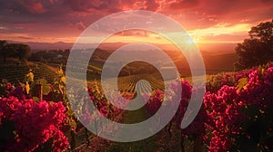 Sunset Glow Over Vineyard With Pink Flowers