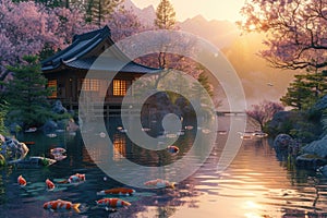 Sunset Glow at a Peaceful Japanese Pavilion by a Koi Pond. Resplendent.