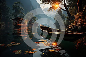 Sunset Glow on Tranquil River with Traditional Boats. Generative AI