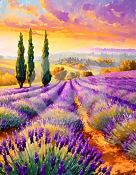 Sunset golden hour illustration fields of lavender and cypress trees summer landscape.