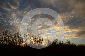 Sunset with golden sky Sun rise In the morning at the top of the hill. Mountain with sky and beautiful clouds