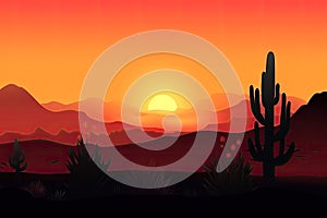 Sunset Gradient over Desert Landscape with Cactus Plants