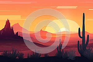 Sunset Gradient over Desert Landscape with Cactus Plants