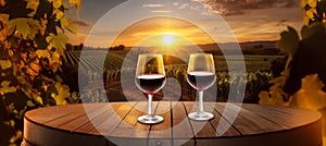 sunset grape bottle drink alcohol wine barrel glass winery beverage. Generative AI.
