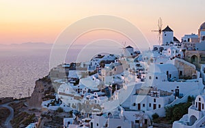 Sunset at the Greek village of Oia Santorini Greece with a view over the ocean caldera