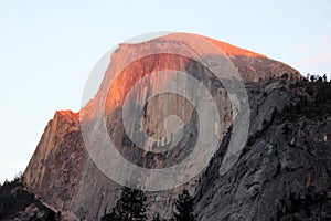 Sunset on Half Dome, Yosemite, view from Curry Village Parking