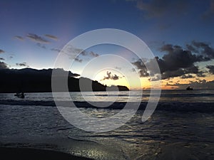 Sunset in Hanalei Bay on Kauai Island, Hawaii.