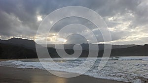 Sunset in Hanalei Bay on Kauai Island, Hawaii.