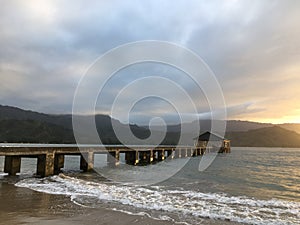 Sunset in Hanalei Bay in Spring on Kauai Island, Hawaii.