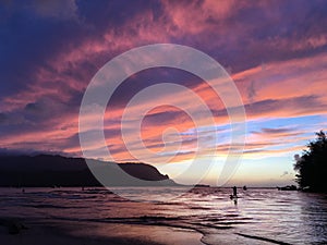 Sunset in Hanalei Bay in Summer on Kauai Island in Hawaii.