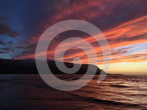 Sunset in Hanalei Bay in Summer on Kauai Island in Hawaii.