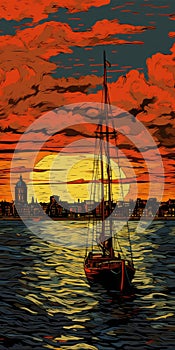 Sunset Harbor: A Pop Art Revivalism Illustration Of A Boat In New London