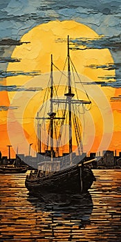 Sunset Harbor: A Stunning Woodcut-inspired Painting Of A Ship In Stamford Harbor photo