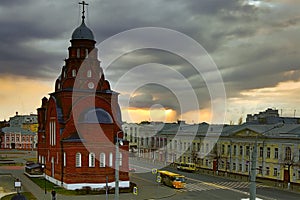 Sunset from hard clouds on background of The Golden Gate in Vladimir city. Famous Tourist place of Gold Ring in Russia