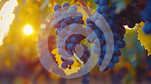 Sunset Harvest: Ripe Blue Grapes in Vineyard for Winemaking and Agriculture