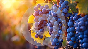 Sunset Harvest: Ripe Blue Grapes in Vineyard for Winemaking and Agriculture