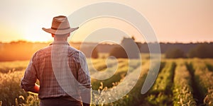 Sunset Harvest: A Serene Farmer, Standing in a Wheat Field at Dusk, Gazing at the Bountiful Crop against a Picturesque