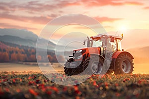 Sunset harvesting tractor irrigating and spraying agricultural crop with info infographic