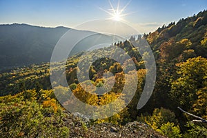 Sunset at Havranie skaly rocks over Hrochotska dolina valley