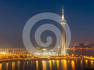 Sunset high angle view of the Macau Tower Convention and Entertainment Center and cityscape