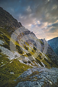 Sunset in High Tatras mountains national park. Mountain popradske lake in Slovakia.