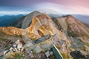 Sunset in High Tatras mountains national park in Slovakia. Scenic image of mountains. The sunrise over Carpathian mountains.