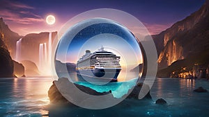 sunset highly intricately detailed of beautiful cruise ship sailing in the ocean along the Seven Sisters waterfall in a glass orb