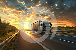 Sunset Highway: Big Rig Truck in Motion Wallpaper and Design, Generative AI