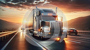 Sunset Highway Journey Semi-Truck Logistics and Transport: Golden Hour Scenic Route Freeway