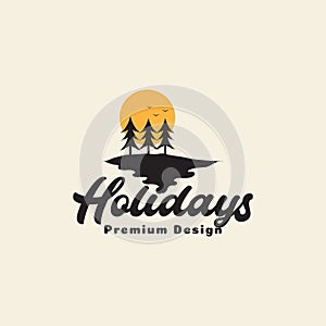 Sunset hill with pines trees vintage logo symbol icon vector graphic design illustration idea creative