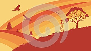 Sunset Hillside Landscape, Tranquil Nature Vector Art, vector design Generative AI