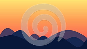 Sunset on hilly landscape rounded hills background, vector nature illustration in minimal style, simple wavy pattern