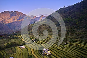 Sunset at Himalaya mountains, India, aerial drone view