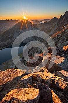 Sunset from Hincova veza peak during autumn in High Tatras mountains
