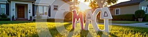 Sunset homefront with decorative letters on lawn reflecting warm evening light