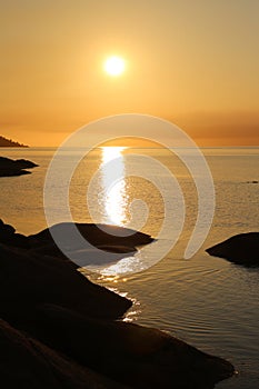 Sunset at Honeymoon Bay in Freycinet National Park. Tasmania