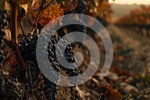 Sunset hues over ripe vineyard grapes in autumn