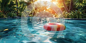 Sunset hues on a pool float, serenity among tropical palms