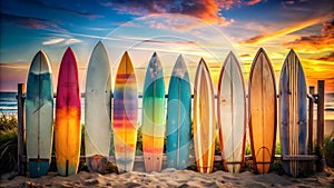 Sunset Hues on the Surfboard Wall AI Generated