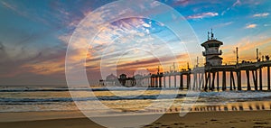 Sunset by the Huntington Beach Pier in California