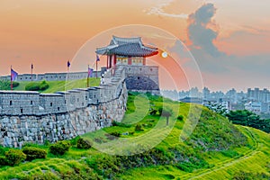 Sunset at Hwaseong Fortress in Seoul, South Korea.