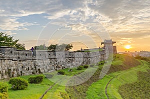 Sunset at Hwaseong Fortress in Suwon, South Korea.