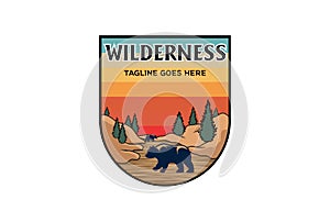 Sunset Ice Polar Bear with Pine Cedar Spruce Conifer Cypress Larch Fir Trees Forest Badge Emblem Label for Outdoor Adventure Logo