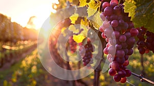 Sunset illuminates ripe grapes in a vineyard, symbolizing growth and natural beauty. Ideal for wine-related themes